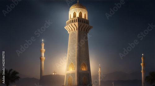 Illuminated minaret highlights ancient Arabic elegance and spirituality. Generative AI.