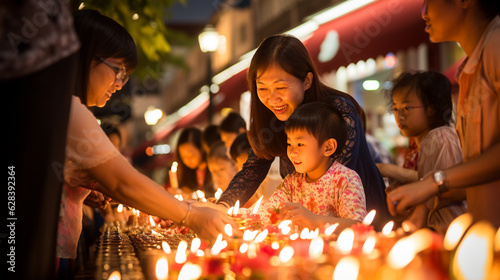 A heartfelt moment of families lighting candles to remember their ancestors and express gratitude during the Mid-Autumn Festival Generative AI