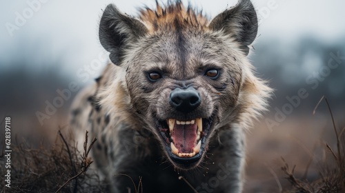 hyena in the fog looks into the frame