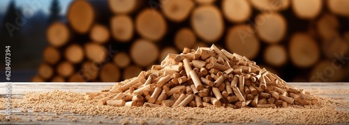 stack of biomass wood pellets pile and woodpile on background