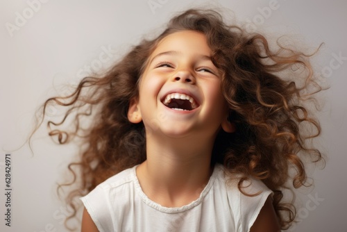 Young fictional little girl laughing candidly isolated on a plain background. Generative AI.