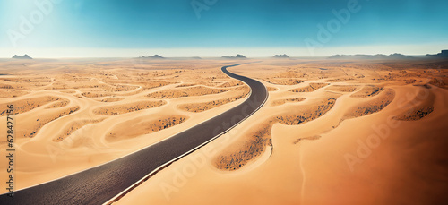 illustrazione con strada che serpeggia e si perde all'orizzonte in un deserto di dune e sabbia, cielo azzurro e limpido, vista dall'alto