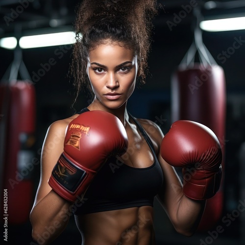 Portrait of a confident young African female boxer against a dark background.