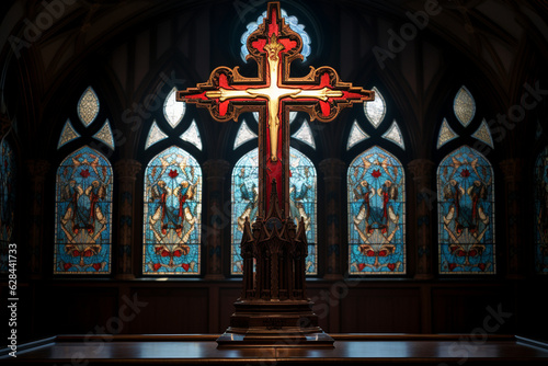 details and symbolism found within a church, such as a cross, stained glass patterns, or religious artifacts, inviting viewers to appreciate the visual language and sacred symbolis Generative AI