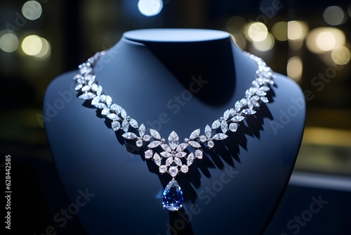 Closeup shot of an expensive diamond necklace on display, illustrating the grandeur of precious jewelry and immense wealth