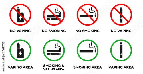 No smoking, no vaping combined sign. Allowed smoking, allowed vaping. Smoking area Printable stickers. Vector. Isolated on white background.