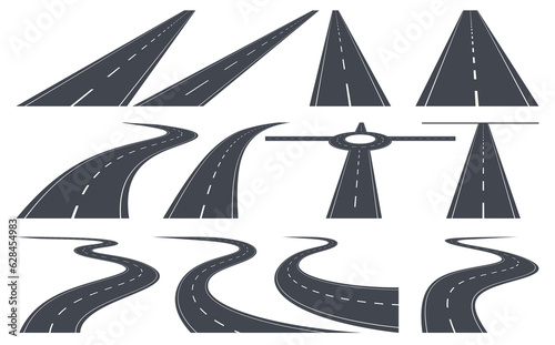 Roads and highways in perspective. Road path with different bends. The road connects the cities. Vector illustration