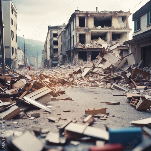 Massive devastation broken building debris after earthquake