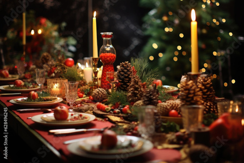 Table served for Christmas dinner. Living room decorated with lights and Christmas tree. AI generated