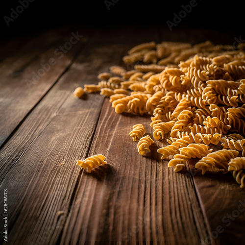 Raw pasta fusilli on dark wooden background.
