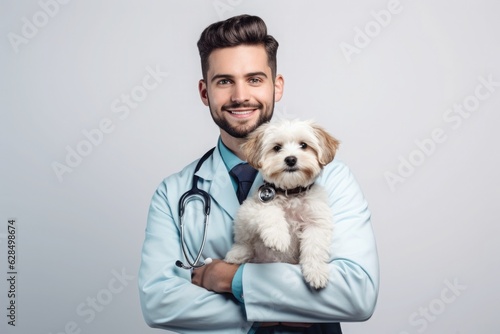 Man veterinarian holding a dog 