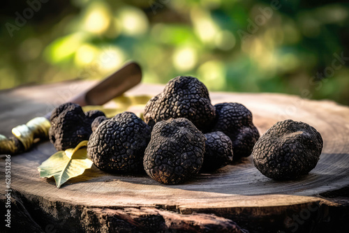 Black Truffles On Wooden Board, Rustic. Generative AI