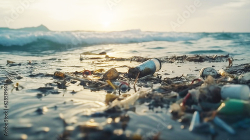 Plastic rubbish pollution in a ocean, environment poses a grave threat, Microplastics permeate the food chain, recycling initiatives must be embraced, biodegradable materials offers Generative AI