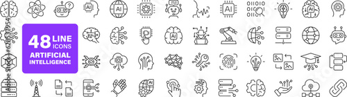 Artificial intelligence set of web icons in line style. AI technology icons for web and mobile app. Machine learning, digital AI technology, algorithm, smart robotic, cloud computing network