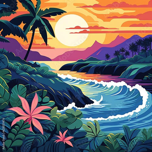 a landscape with a river and palm trees