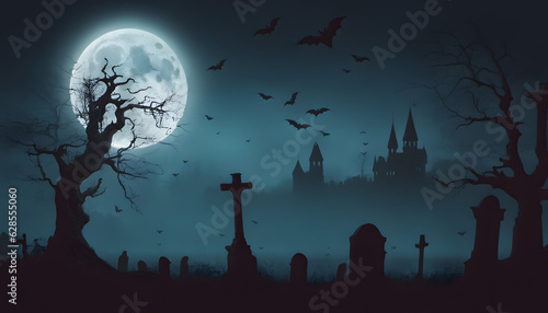 3. a halloween cemetery and graveyard with a full moon, in the style of dark turquoise and light green, made of mist, captivating, exacting precision, Halloween, Jack O' Lanterns In Graveyard