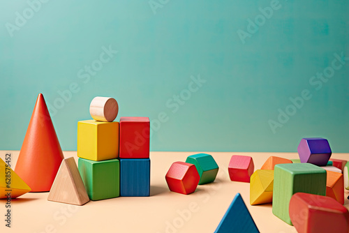 Colorful wooden toy blocks on wooden table in the Children's room.