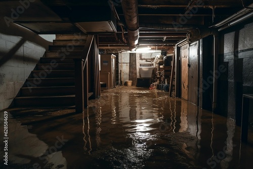 flooded basement with lit light