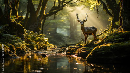A tranquil forest at dawn with a deer in the clearing and sunrays creating a beautiful play of light and shadow