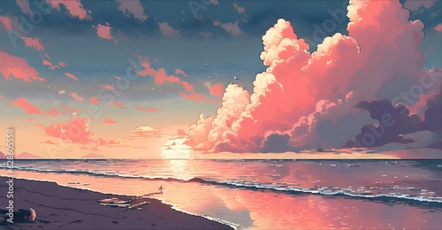  Pixel art sunset over the ocean with cloud and sky. illustration. Anime Style.