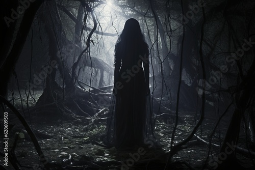 a woman in a black dress standing in a dark forest