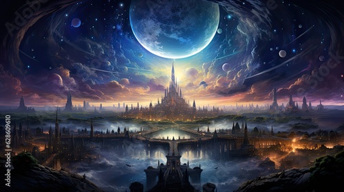 Epic panorama scene vision with epic celestial city in the galaxy