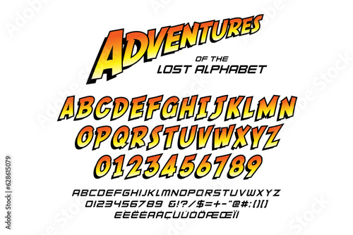 Alphabets for adventure titles and subtitles. Vector typography illustration