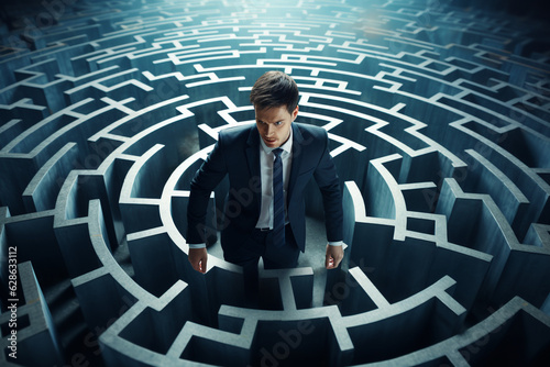 Businessman trying to escape maze. High quality photo