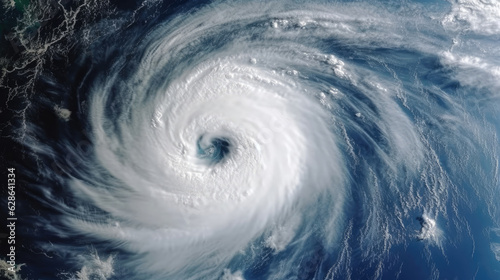 Hurricane from space. Satellite view. Super typhoon over the ocean. The eye of the hurricane. Weather background.