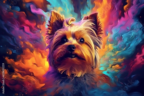 Colorful art - the head of a yorkshire terrier dog painted with spots splashes of paint