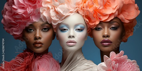 Beautiful fashion women is surrounded by colored flowers and feathers, in the style of surreal fashion photography. Multi racial Young women with makeup. Girls dressed up in decorative flowers, ai