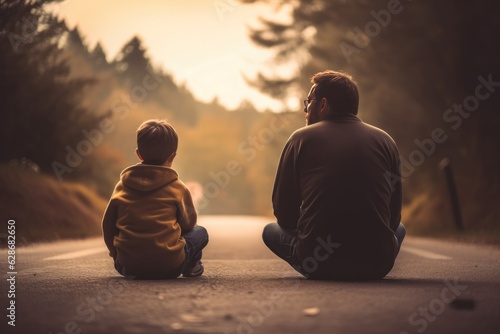 Photograph of father and son walking on the road with their backs turned.