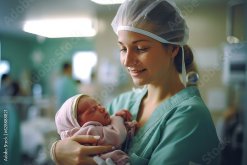 Nurse cradling a day-old infant, newborn baby, displaying genuine emotions of nurture and care. Tender healthcare moment captured in a modern hospital setting