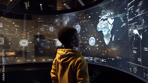 Young African American Child Student at Space Center Visit. Large World Map. Field Trip at Museum. Concept of Learning, History, Space, Technology.