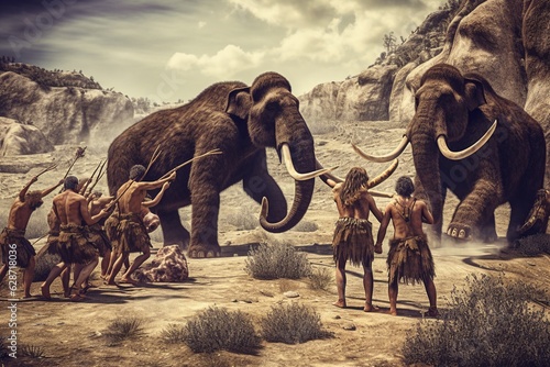 group of neanderthal cavemen hunting a mammoth, stone age humans