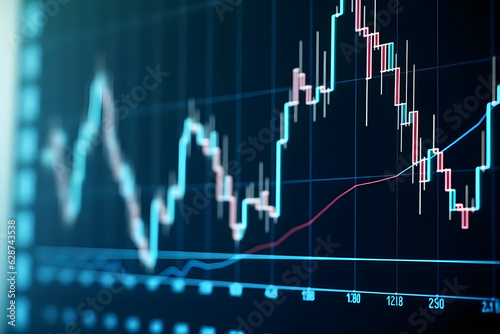 Closeup of financial chart display with generic volatile asset candlesticks graph, neural network generated photorealistic image