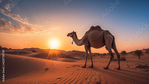 photograph of silhouette of a camel in the desert Dubai, United Arab Emirates, beautiful sky at sunrise, generative ai