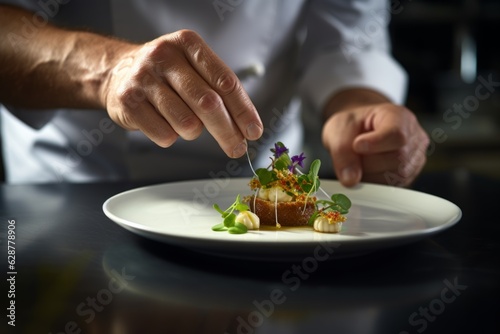 Master chef cook man hands precisely cooking dressing preparing tasty fresh delicious mouthwatering gourmet dish food on plate to customers 5-star michelin restaurant kitchen close-up detailed artwork