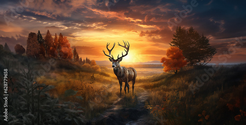 a large deer walking in sunset Photorealistic Nature wallpaper .Generative Ai content
