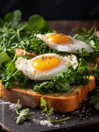 A sandwich of poached eggs, fried bread and fresh herbs. Generated by AI.
