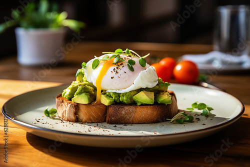  Poached egg on bread with avocado and tomatoes.