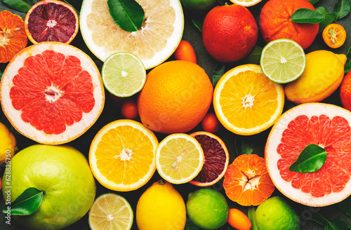 Colorful citrus fruis, food background, top view. Mix of different whole and sliced fruits: orange, grapefruit, lemon, lime and other with leaves on green stone table