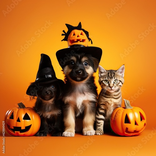 cat and dog, wearing costume for halloween. friend with orange backgound. halloween theme.