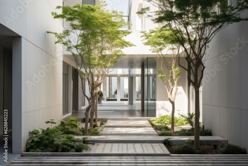 Modern Minimalist Courtyard with Trees and Glass Entrance