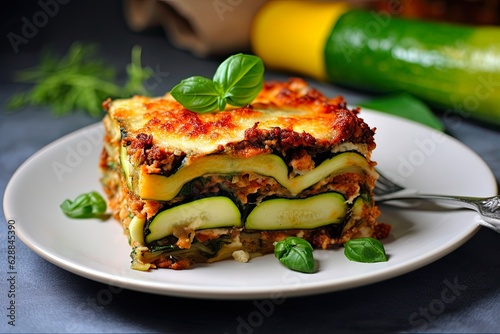 Healthy Courgette Lasagna Bolognese. Baking dish dinner with cheese. Delicious Vegetarian Food Option: Generative AI