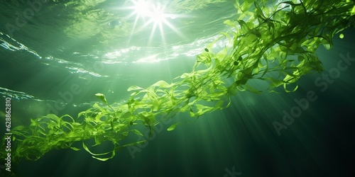Green algae sway underwater with bubbles.