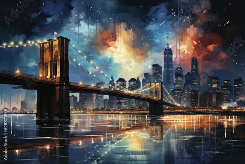Fireworks over the Brooklyn Bridge at night in New York. USA Independence Day. Generative AI