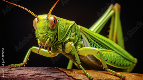 macro close up of a green grasshopper on a black background