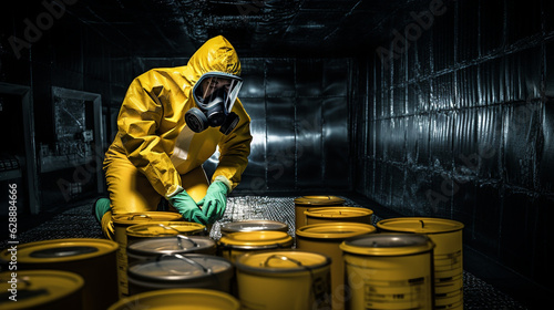 A worker handling hazardous materials inside a sealed containment chamber Generative AI