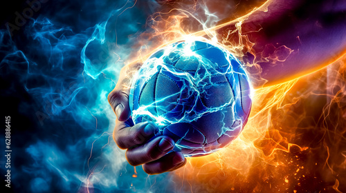 handball, ball in player's hand, energy and power of fast movement, made with Generative AI